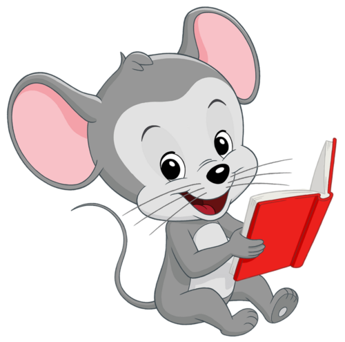 ABC mouse sitting and reading a red book. 