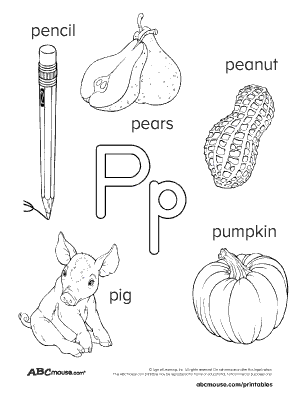 Free black and white coloring poster of words that start with the letter p featuring a pencil, pears, peanut, pig, and pumpkin. Brought to you by ABCMouse.com. 