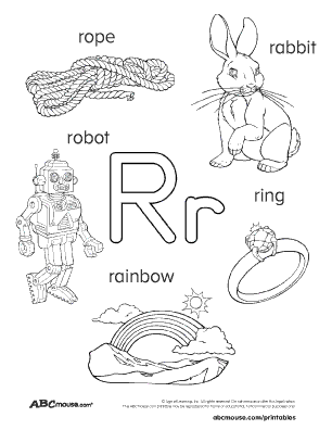 Free printable black and white words that start with the letter r coloring page for kids. 