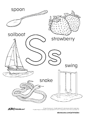 Free printable black and white words that start with letter s poster to color for kids from ABCmouse.com. 