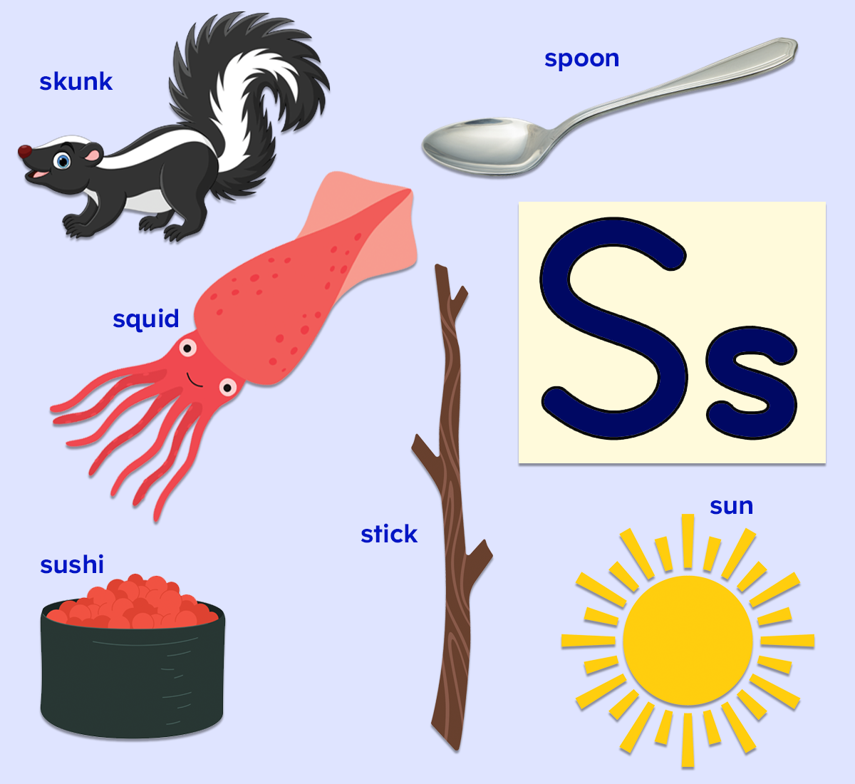 Colorful poster of words that start with the letter S for kids. Skunk, spoon, squid, sushi, stick, sun. 