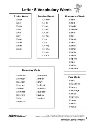 Free printable words that start with the letter S lists for kids from ABCmouse.com. 