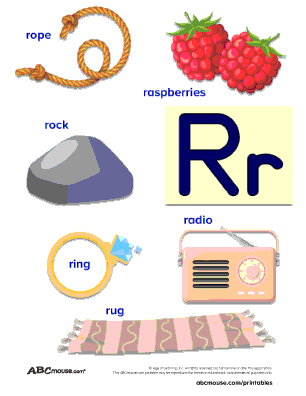 Free printable words that start with the letter R colored poster for kids. 