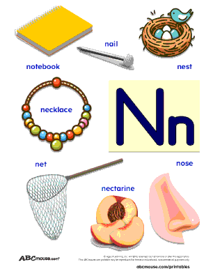 Free printable colored poster for kids of words that start with the letter n. 