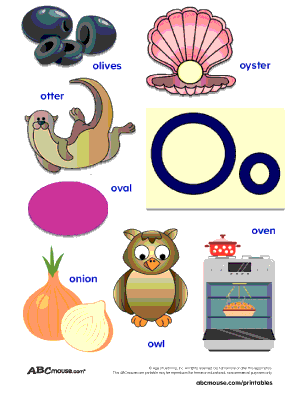 Free printable color poster of words that start with the letter o for kids from ABCmouse.com. Words include: olives, oyster, otter, oval, oven, onion, owl. 
