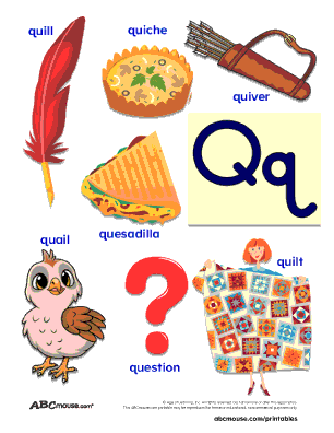 Free printable colorful poster of words that start with the letter q for kids. Quill, quiche, quiver, quail, question, quilt, quesadilla. 