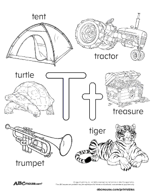 Free printable words that start with T black and white coloring poster from ABCmouse.com. 