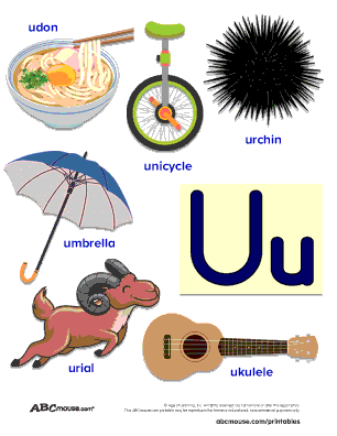 Printable colorful words that start with the letter U poster for kids from ABCmouse.com. 