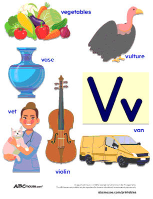 Colorful poster of words that start with the letter V for kids. 