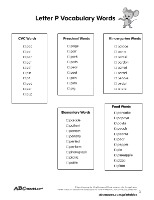 Free printable list of letter p words from ABCmouse.com. 