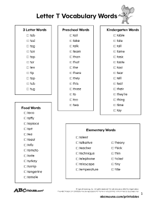 Free printable words that start with the letter T list for kids from ABCmouse.com. 