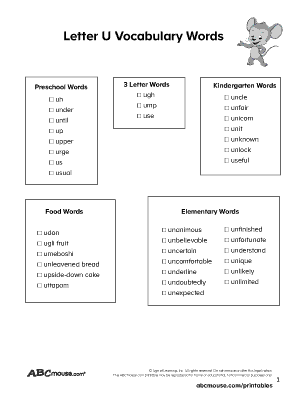 Free printable list of words that start with the letter U for kids. 