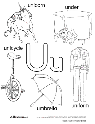 Printable black and white words that start with the letter U poster for kids from ABCmouse.com. 
