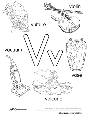 Free printable black and white poster of words that start with the letter V for kids to color. 