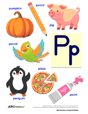 Free printable words that start with the letter p colorful poster for kids featuring, pumpkin, pig, pencil, parrot, penguin, pizza, and paint. From ABCmouse.com. 