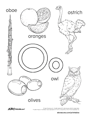 Free printable words that start with o poster for kids to color. Oboe, ostrich, oranges, owl, olives. 