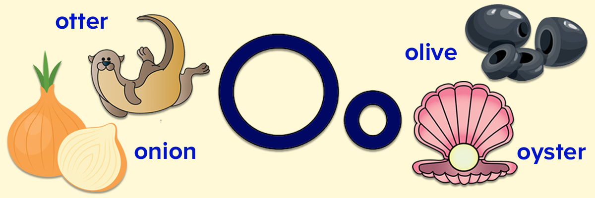 Free printable letter O word lists for kids featuring, otter, onion, olive, oyster. 