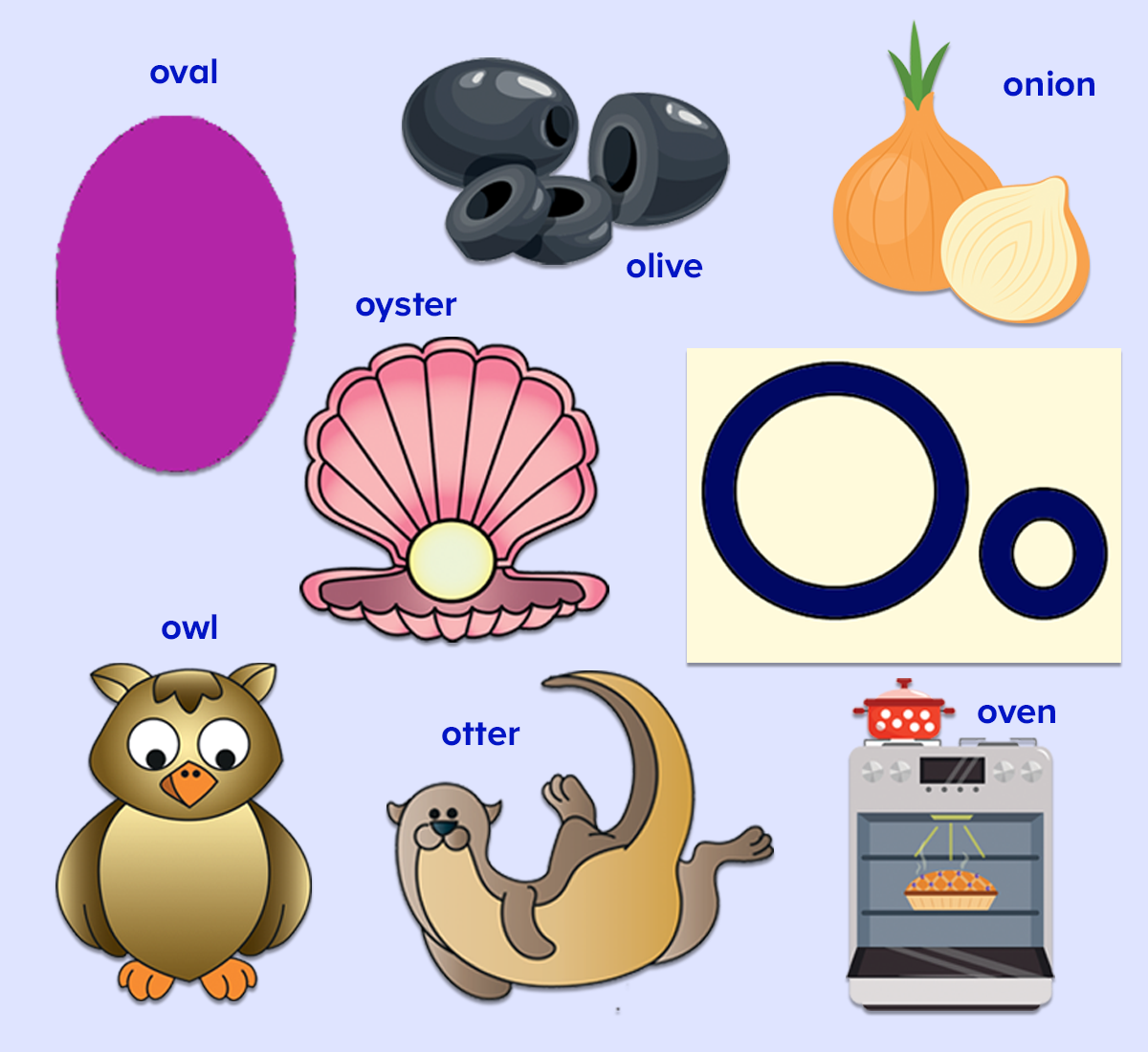 Colorful poster of words that start with the letter o for kids from ABCmouse.com. Words include: olives, oyster, otter, oval, oven, onion, owl. 