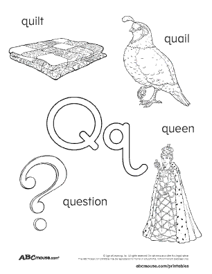 Black and white words that start with letter q coloring poster for kids. Quilt, quail, question, queen. 