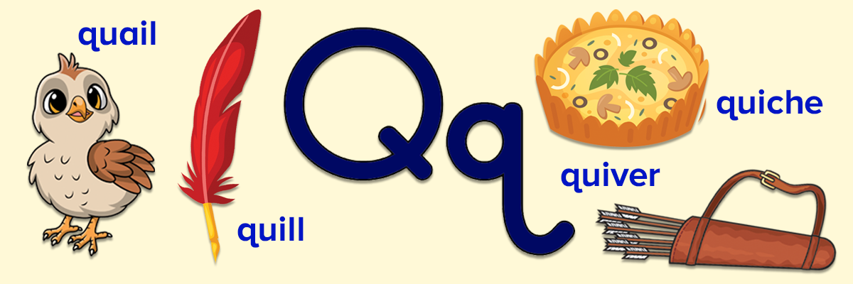 Free printable words that start with the letter Q lists for kids. Quail, quill, quiver, quiche. 