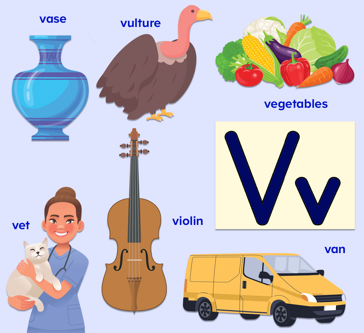 Free printable list of words that start with the letter V for kids. 