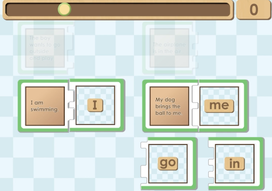 Screen capture of the game Pre-K sight word matching game, by ABCmouse.com. 