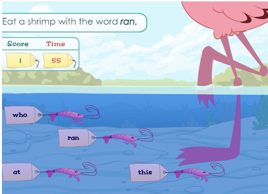 Screen shot of  a fun sight word game called 'Shrimps in Sight' from ABCmouse.com. 