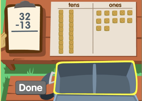 Screen shot of a fun math regrouping game called Number Scouts: S'more Math from ABCmouse.com. 