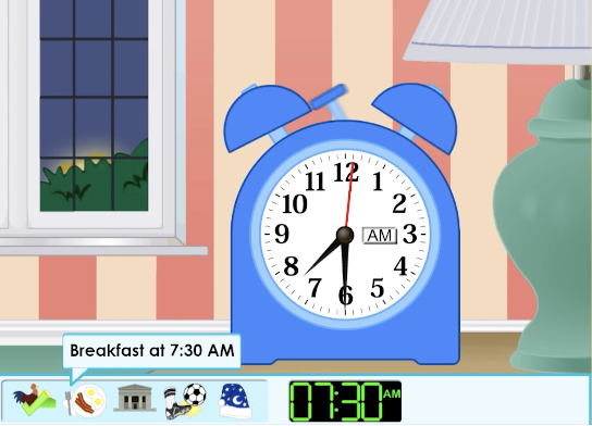 Screen shot of a fun math telling time game called Super Set the Clock from ABCmouse.com. 