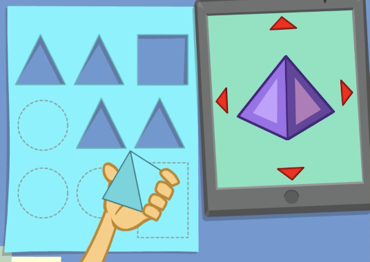 Screen shot of a fun math 2D shapes game called Shawna's Paper Shapes from ABCmouse.com. 