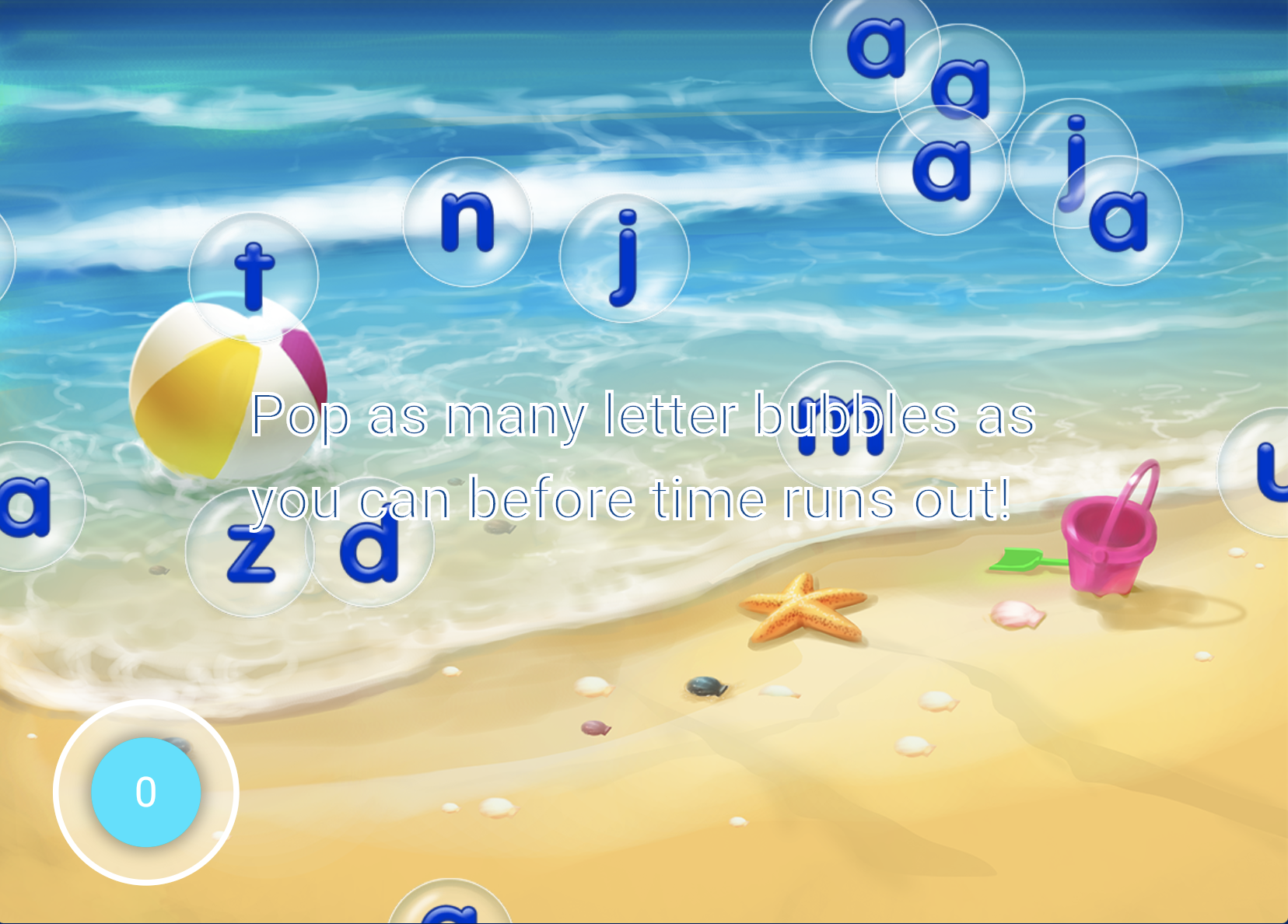 Screen shot of a fun alphabet bubble popping learning game. 