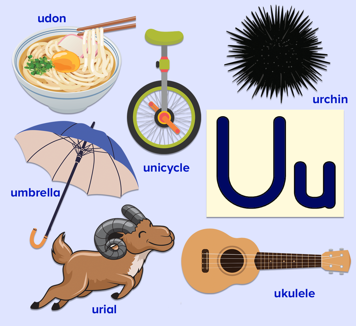 Free printable list of words that start with the letter U for kids. Udon, urchin, unicycle, umbrella, urial, ukulele. 