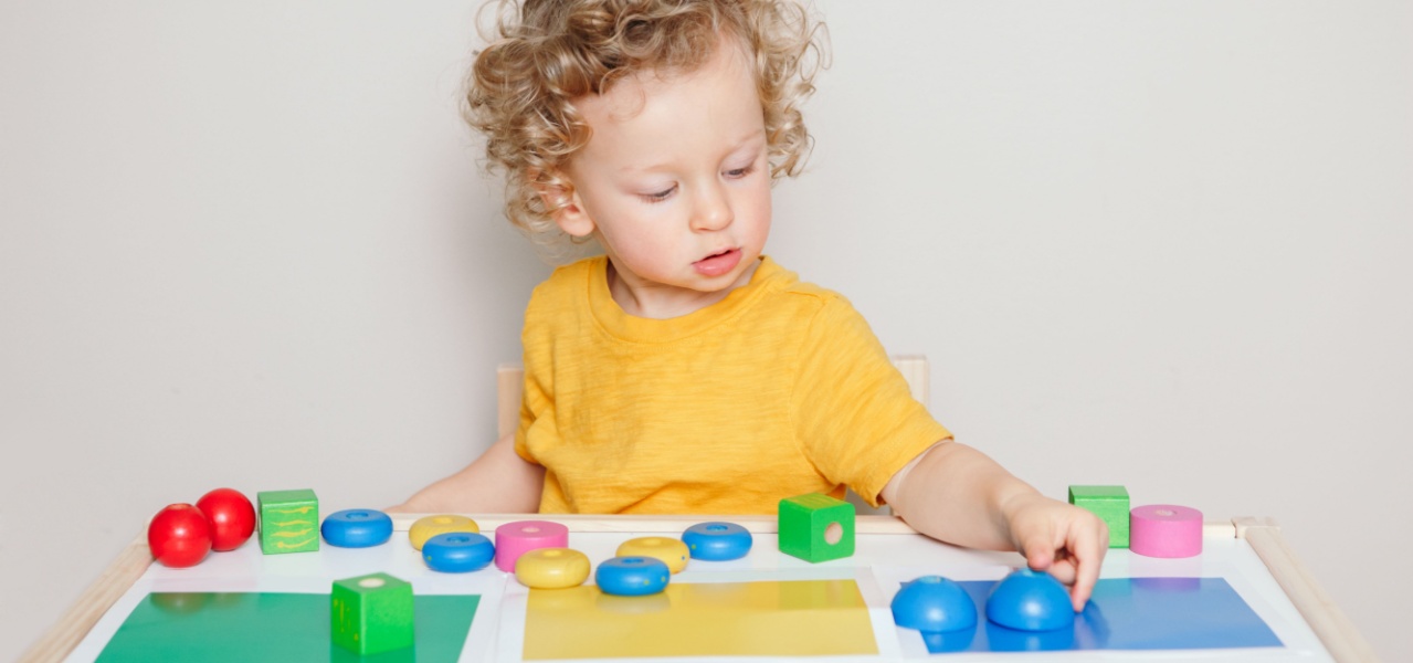 Child sorting wood toys by color. 