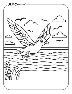 Seagull flying over the ocean free coloring page from ABCmouse.com.