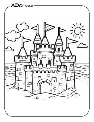 Sand castle on the beach free coloring page from ABCmouse.com.