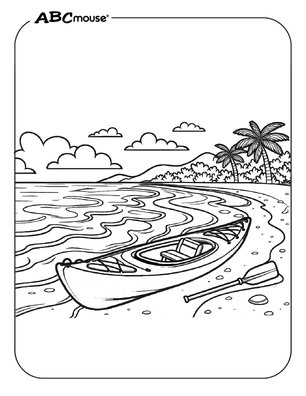 Kayak on the beach free coloring page from ABCmouse.com.