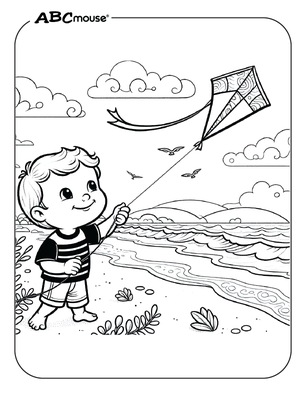 Boy with kite on the beach free coloring page from ABCmouse.com.