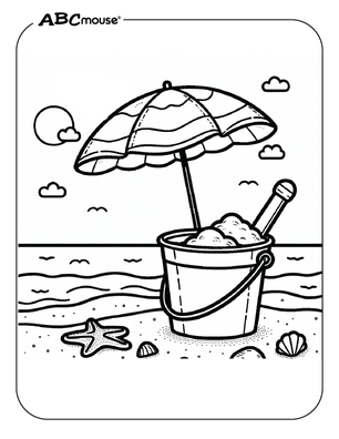 Umbrella and sand pail on the beach free coloring page from ABCmouse.com.