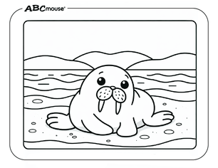 Walrus on the beach free coloring page from ABCmouse.com.