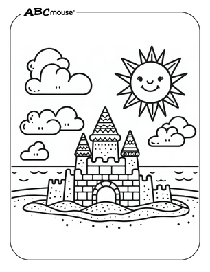 Sandcastle and sun on the beach free coloring page from ABCmouse.com.