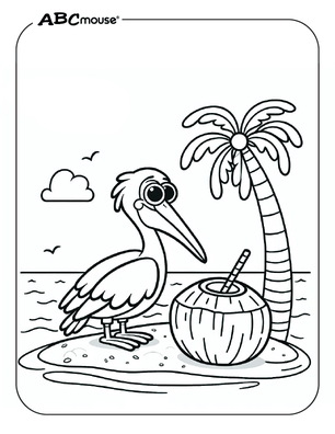 Pelican and coconut on the beach free coloring page from ABCmouse.com.