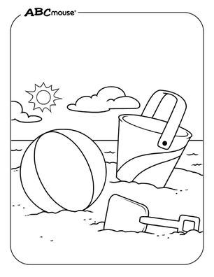 Beach ball pail and shovel on the beach free coloring page from ABCmouse.com.