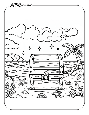 Treasure chest on the beach free coloring page from ABCmouse.com.