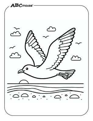 Seagull flying over the beach free coloring page from ABCmouse.com.