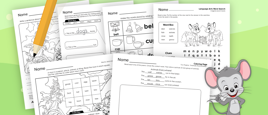 Free printable noun worksheets for kids from ABCmoues.com. 