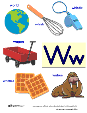 Free printable colored poster of words that start with the letter w for kids from ABCmouse.com. 