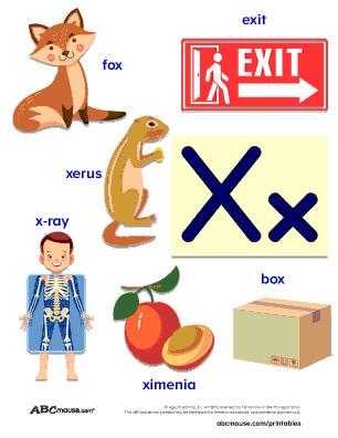 Free words that start with the letter x and have the letter in them printable colorful poster for kids from ABCmouse.com.