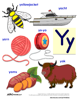 Free printable colorful poster of words that start with the letter y from ABCmouse.com. 