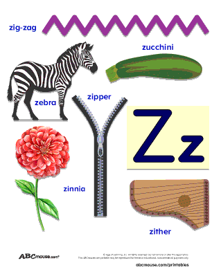 Free printable letter Z word lists for kids including zebra, zucchini, zipper, zinnia, and zither. 