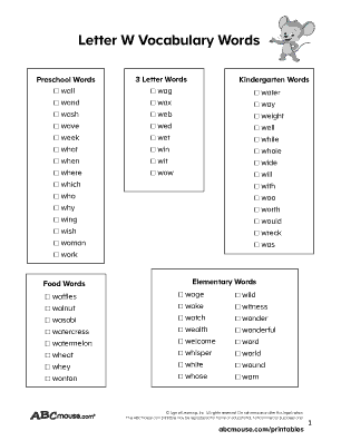 Free printable list of words that start with the letter w for kids from ABCmouse.com. 